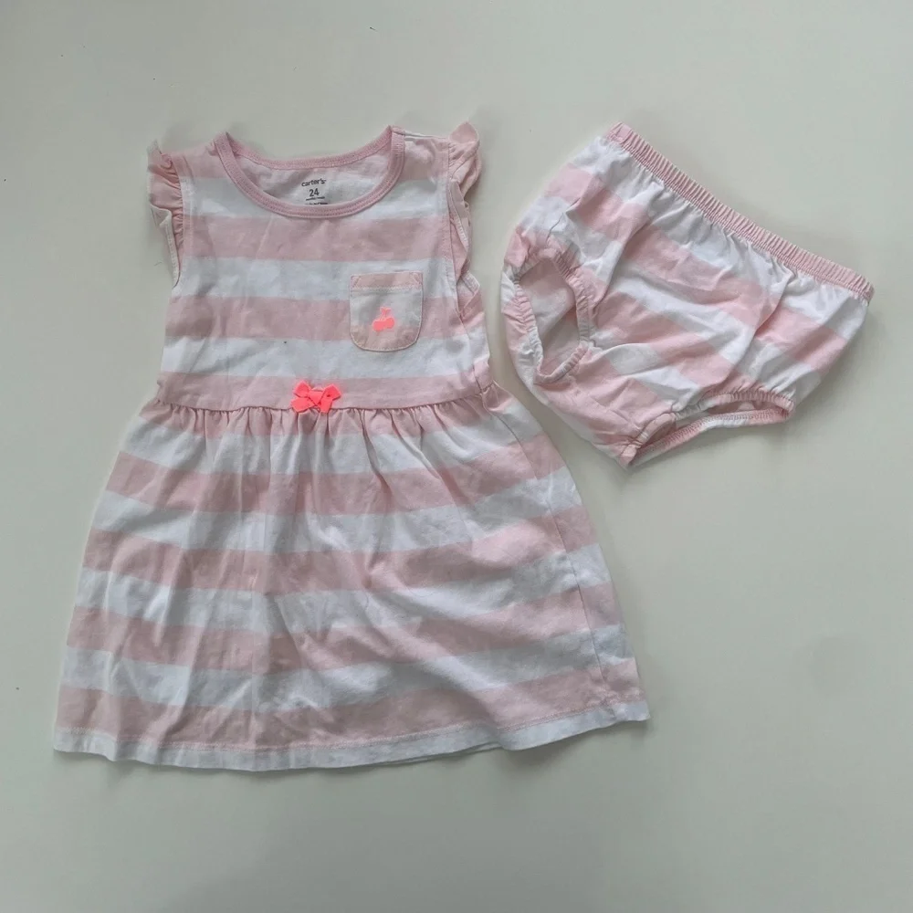Carter's Baby Girl Pink White Striped Ruffle Sleeve Preppy Dress Size 24 Months